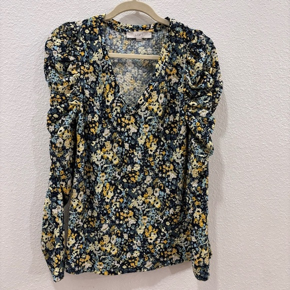 LOFT Tops - Loft | blue and yellow puff ruched long sleeve shirt